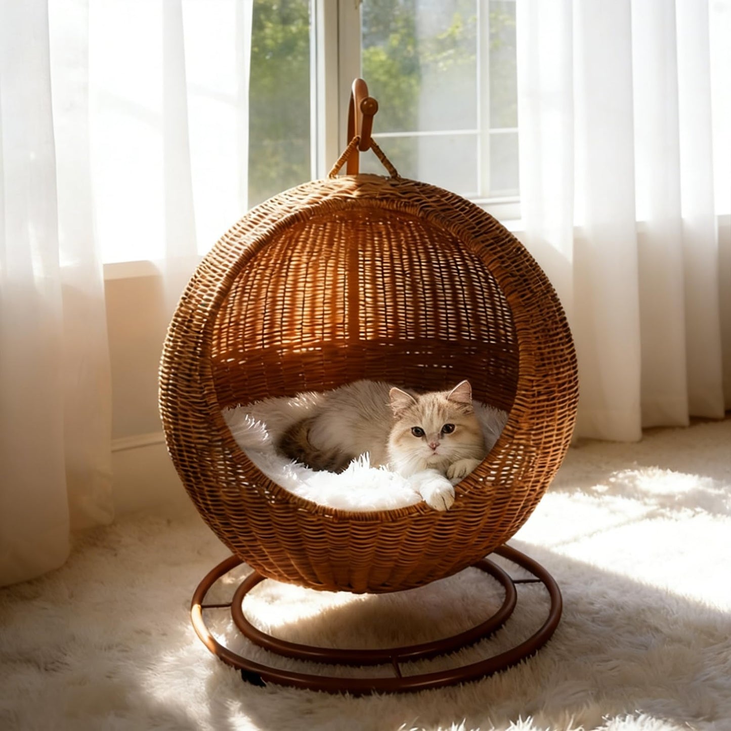 Handwoven Rattan Pet Bed with Removable Cushion