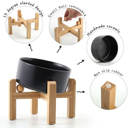 Elevated Ceramic Pet Bowl with Angled Wooden Stand