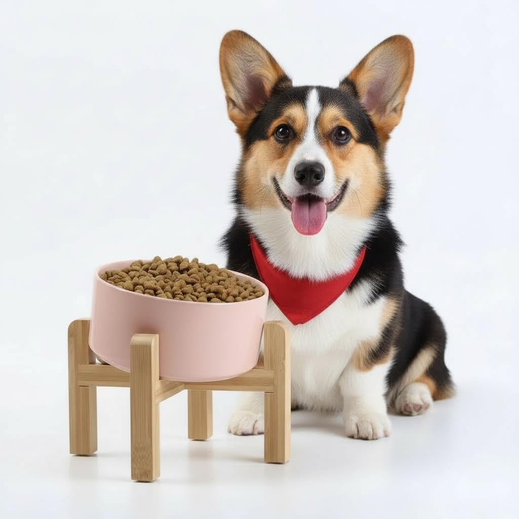 Elevated Ceramic Pet Bowl with Angled Wooden Stand