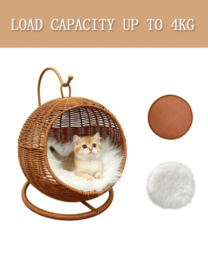 Handwoven Rattan Pet Bed with Removable Cushion