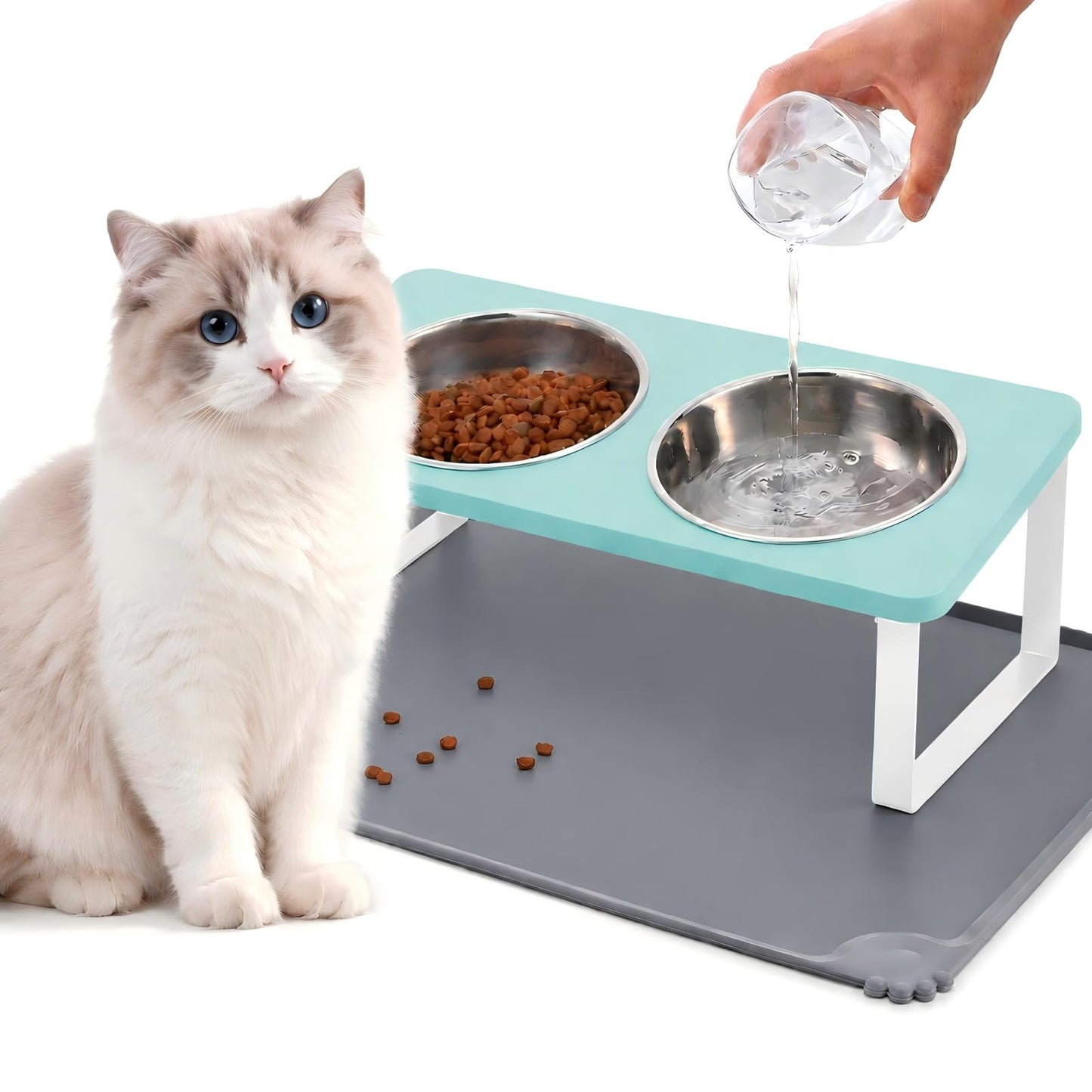 Upgraded Elevated Cat Bowls with Food Mat