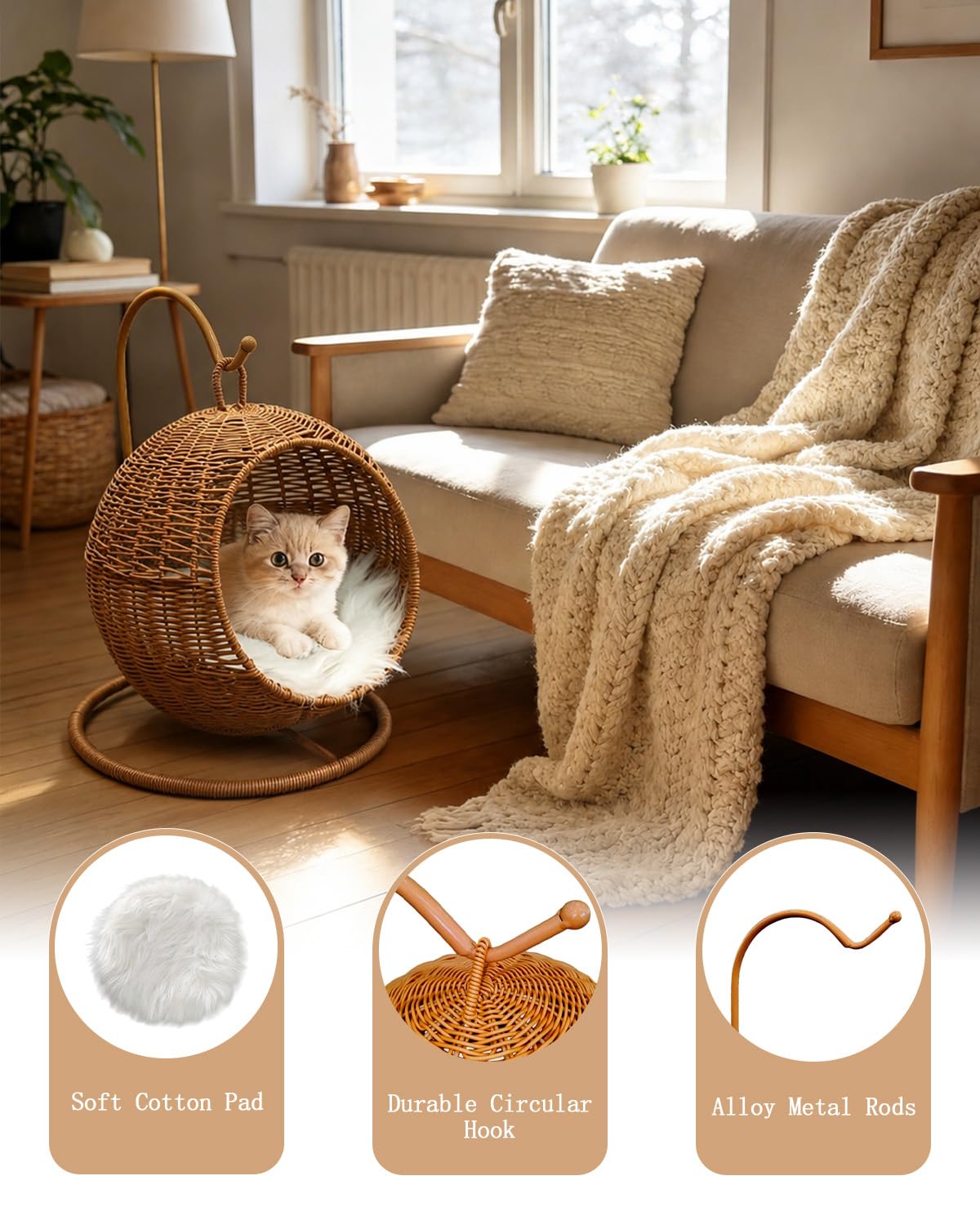 Handwoven Rattan Pet Bed with Removable Cushion