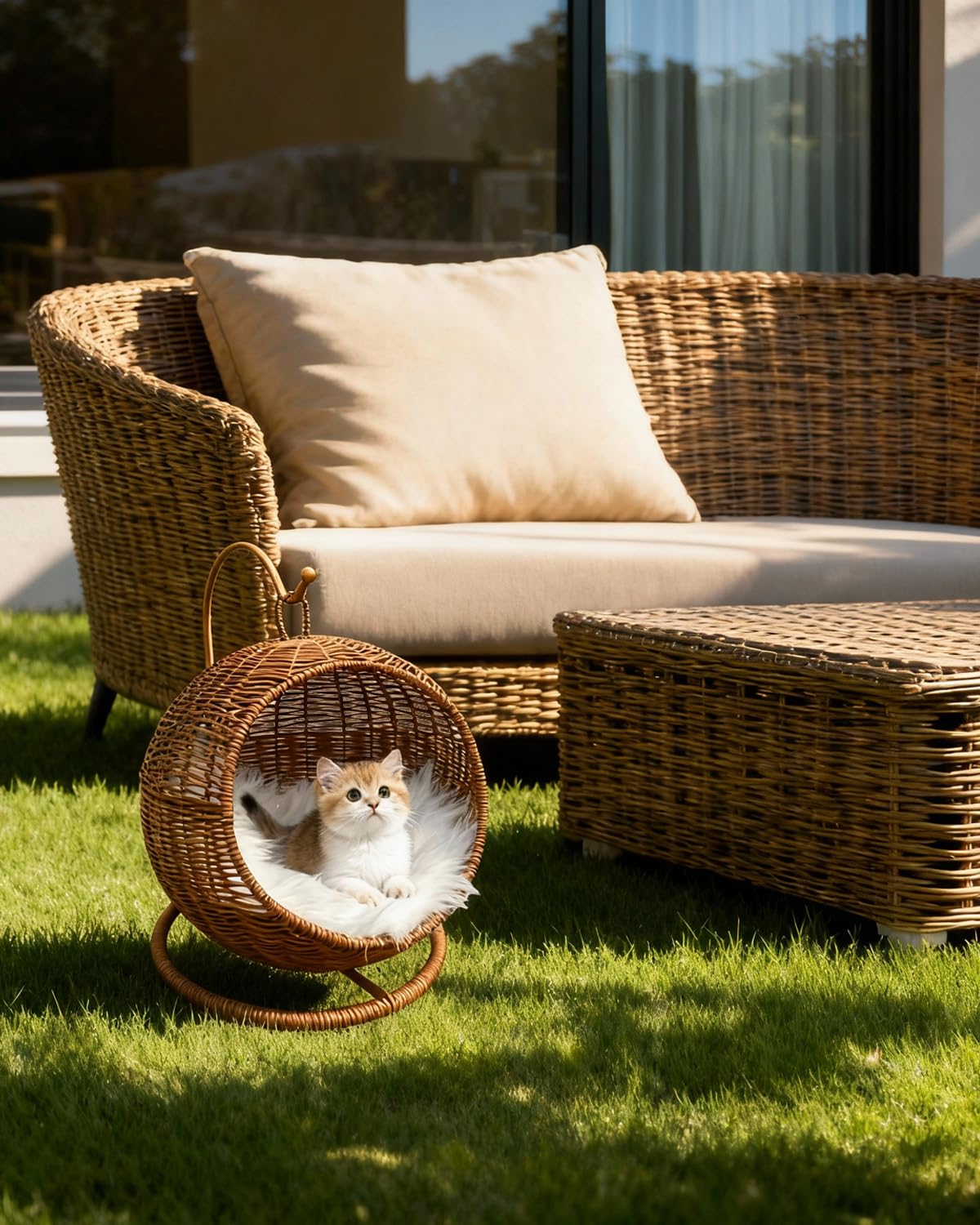 Handwoven Rattan Pet Bed with Removable Cushion