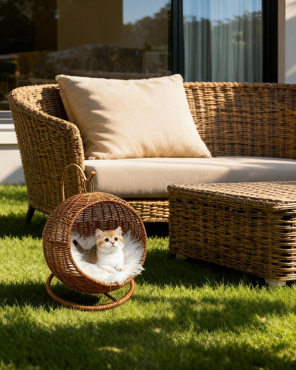 Handwoven Rattan Pet Bed with Removable Cushion