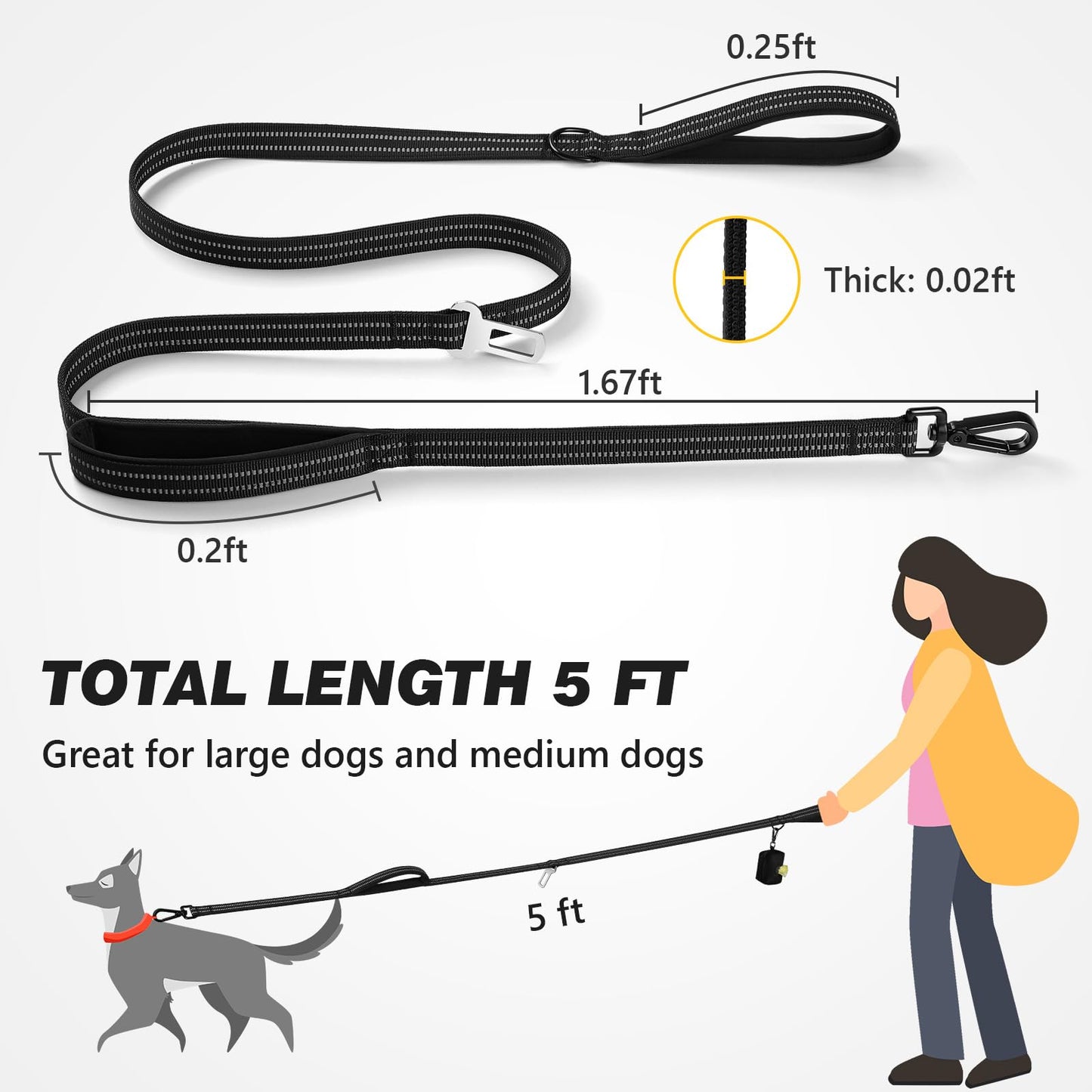 Heavy Duty Reflective Dog Leash with Dual Handles