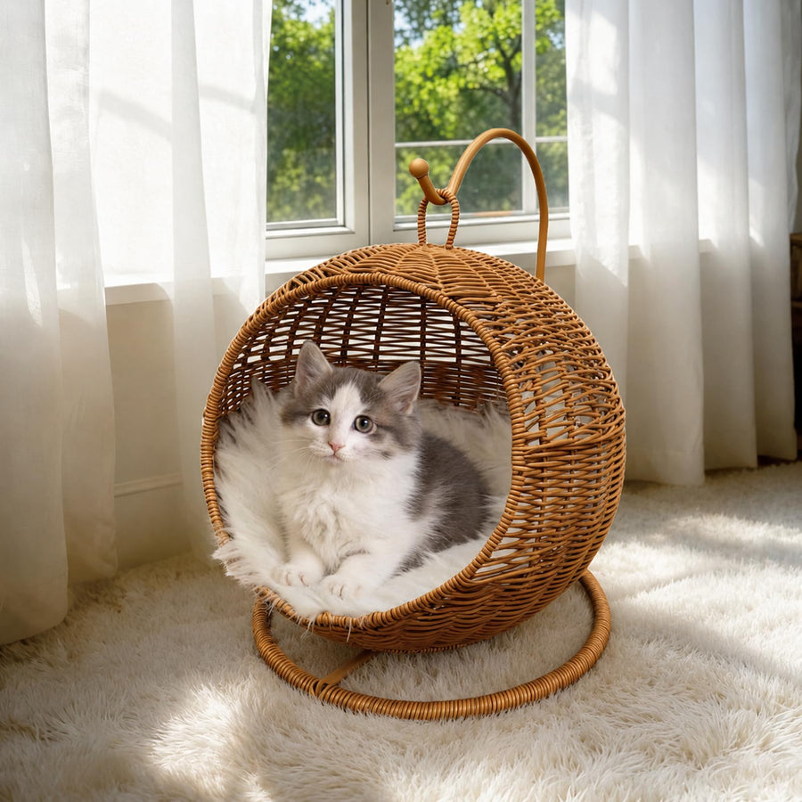 Handwoven Rattan Pet Bed with Removable Cushion