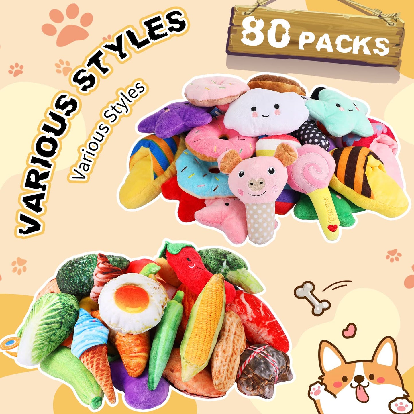 80-Pack Plush Squeaky Dog Toys for Puppies