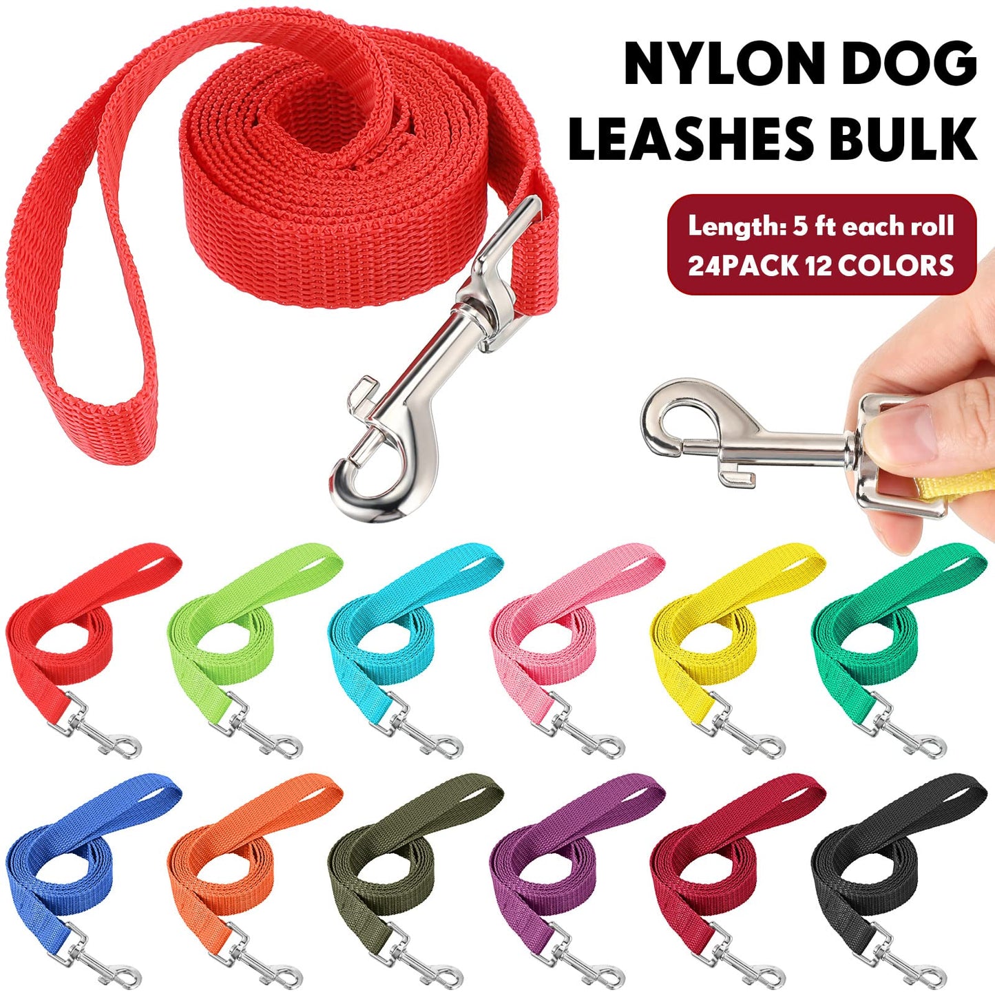 24-Pack Nylon Dog Training Leashes Assorted Colors